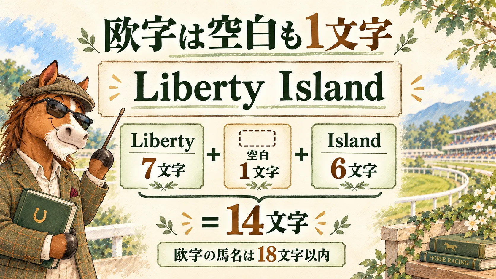 Libertyの7文字と空白1文字とIslandの6文字を合わせ、Liberty Islandは14文字と示す水彩図解