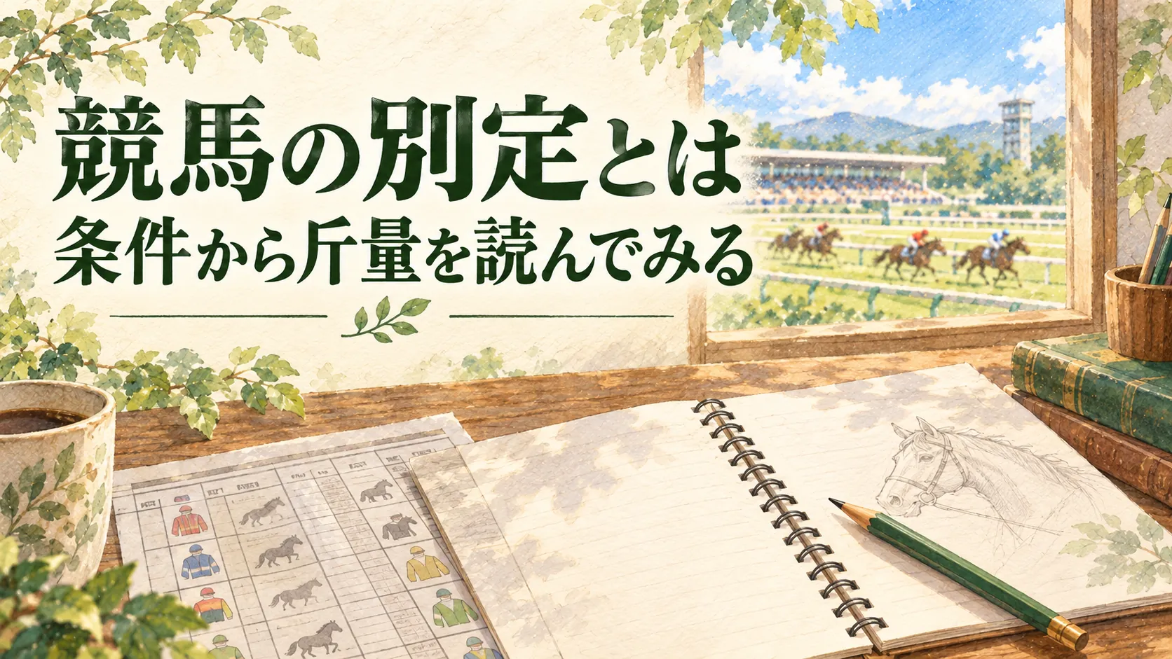 競走条件のノートと出馬表を水彩で描いた競馬の別定の記事アイキャッチ