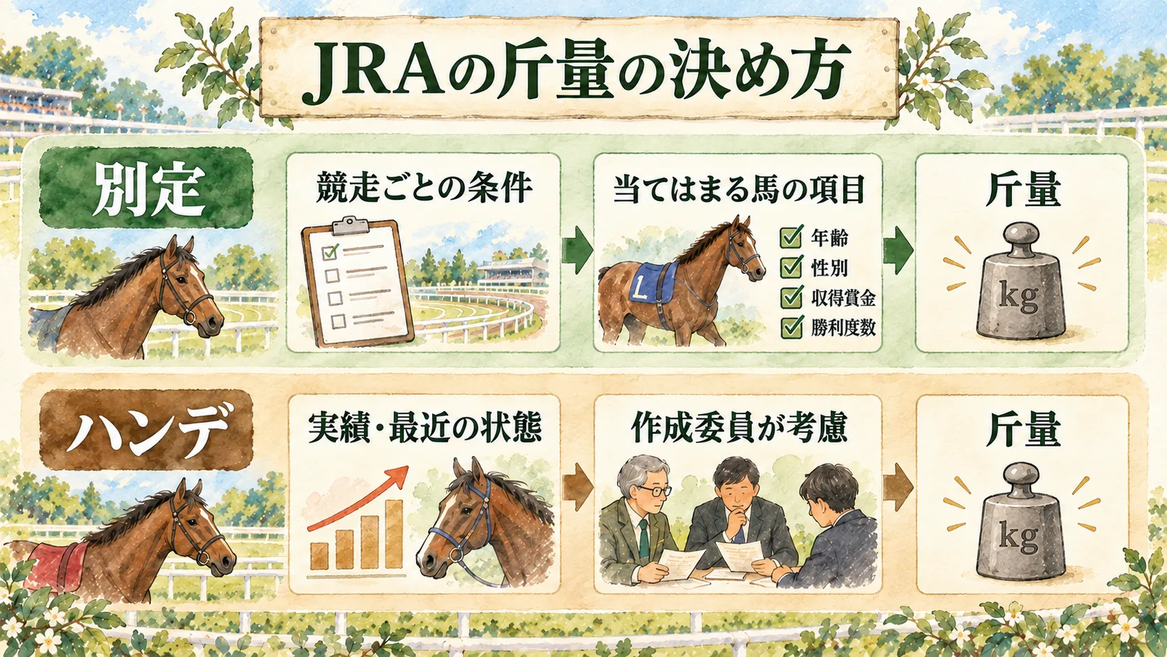 別定は競走ごとの条件と馬の項目、ハンデは実績や最近の状態から斤量へつながる図