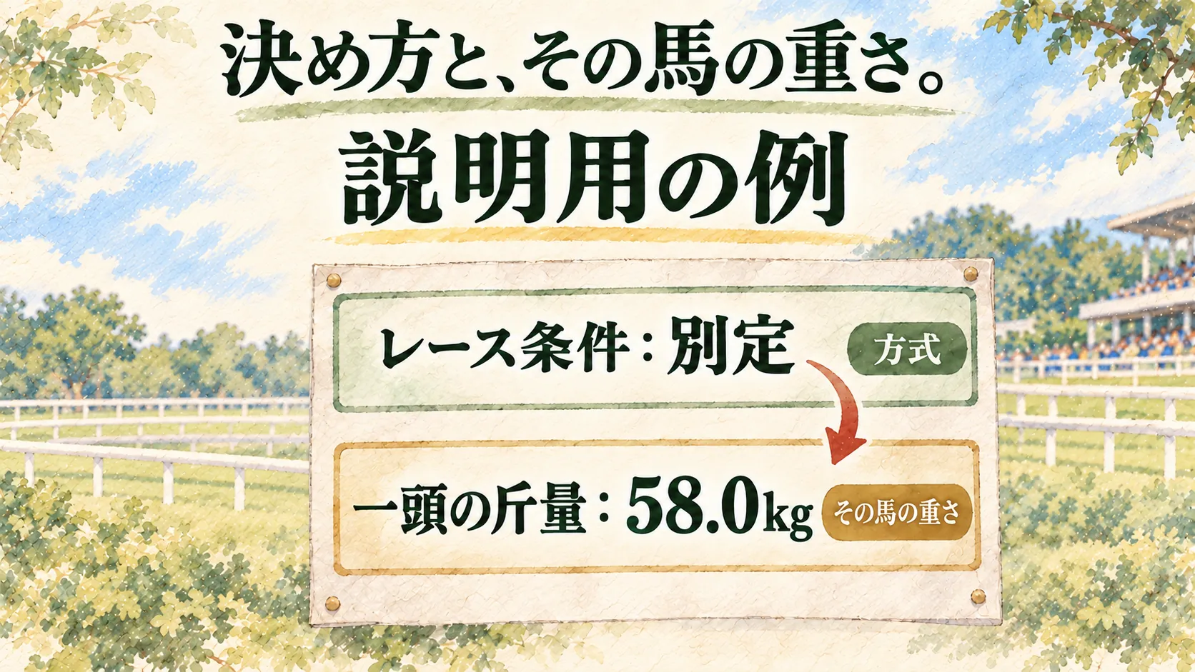 説明用の出馬表でレース条件の別定と一頭の斤量58.0kgの二欄を読み分ける図