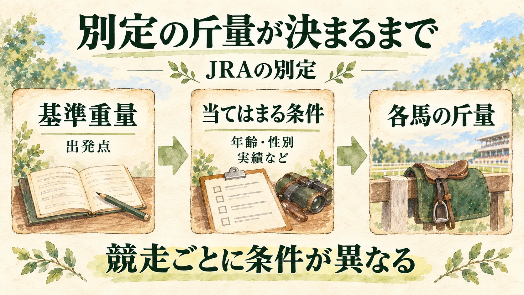 JRAの別定で基準重量と当てはまる競走条件から各馬の斤量へつなぐ概念図