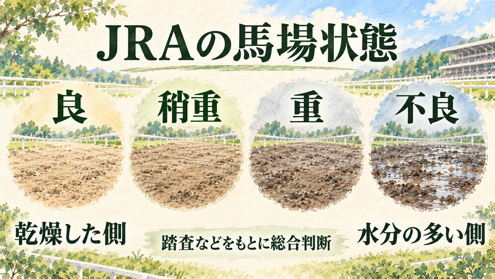 JRAの馬場状態の良、稍重、重、不良を乾燥した側から水分の多い側へ並べた図