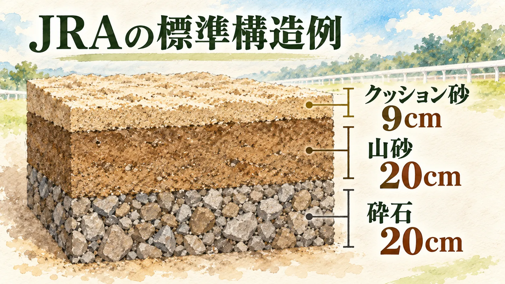 JRA標準構造例のクッション砂9cm、山砂20cm、砕石20cmの断面図