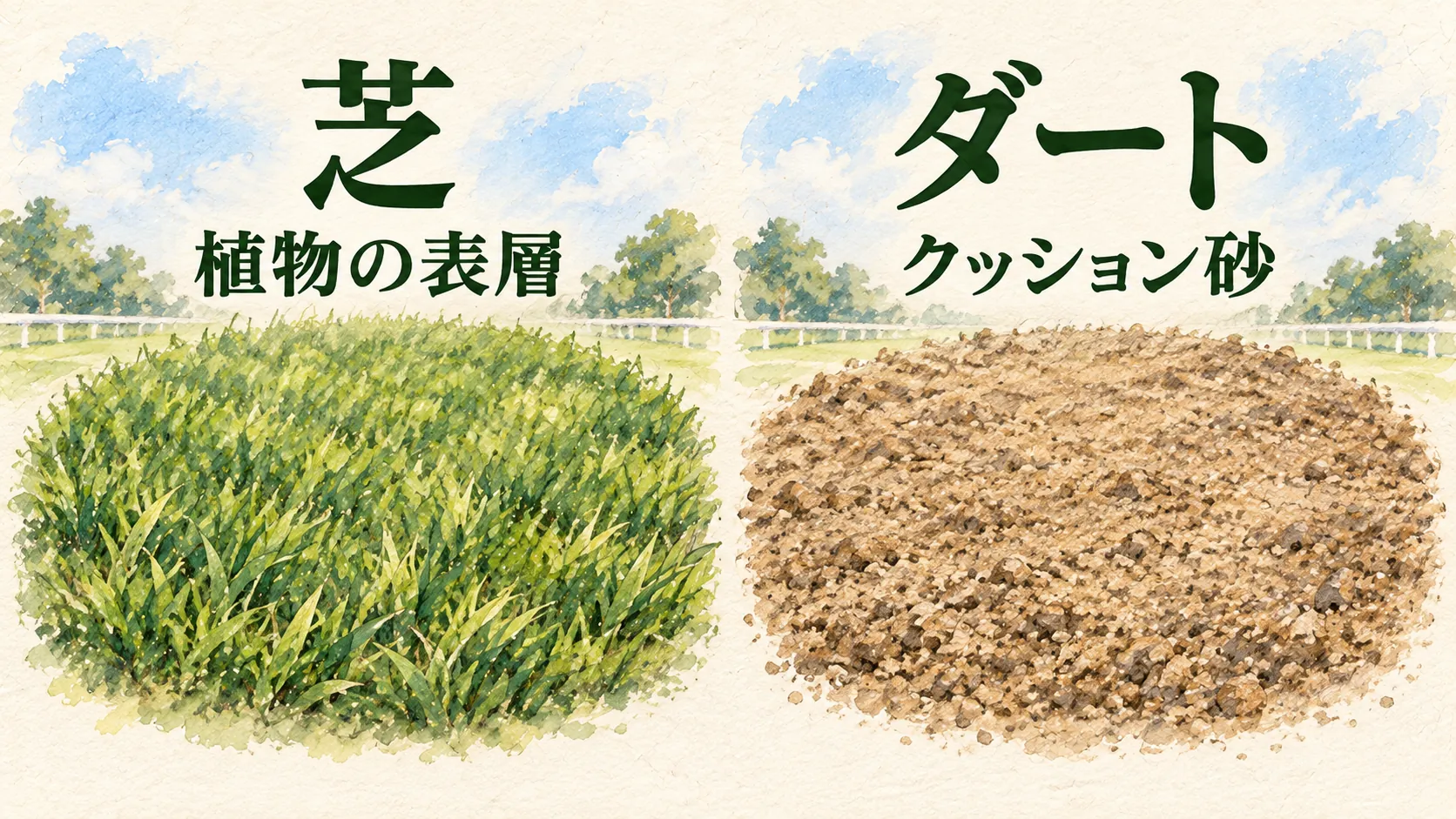 芝の植物の表層とダートのクッション砂を比べる図