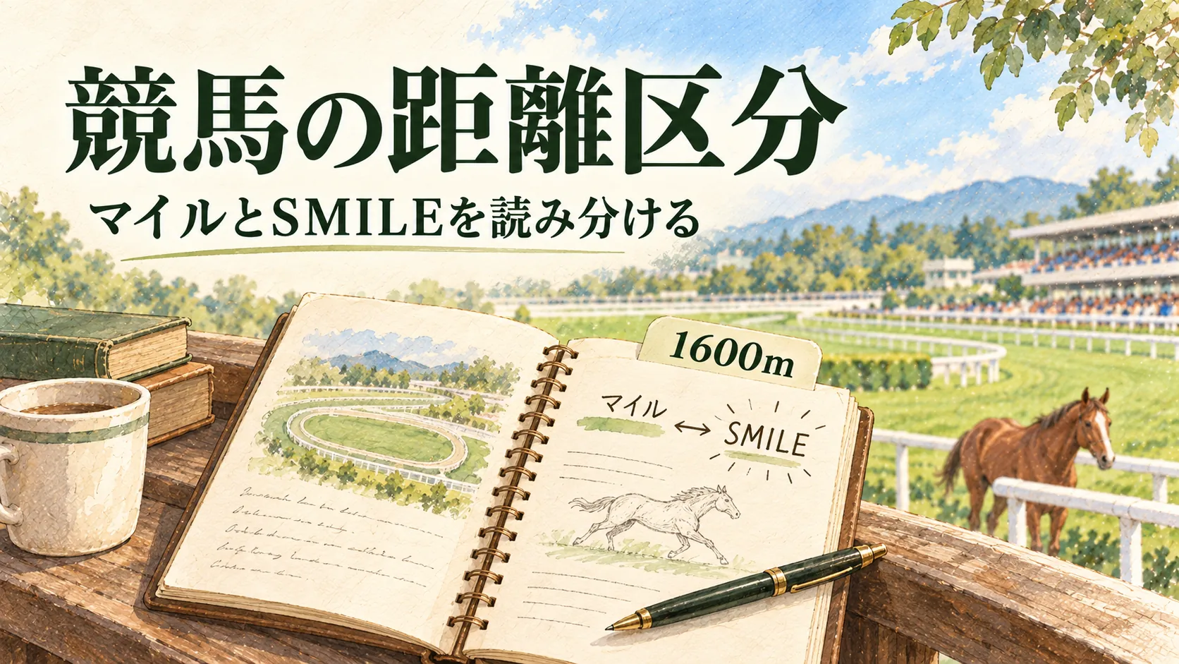 競馬場のノートと栗毛の馬を温かな水彩で描いた競馬の距離区分の記事アイキャッチ