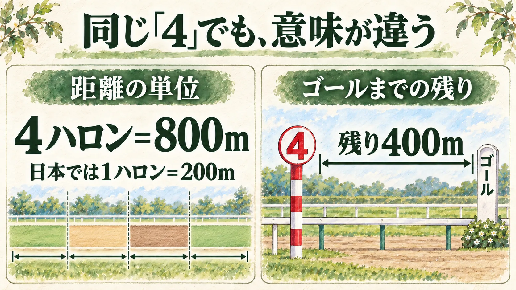 日本の4ハロン800mと、ハロン棒の4が示す残り400mを分けた説明図