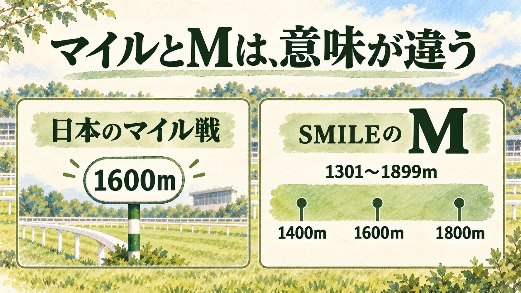 日本のマイル戦1600mと、1400m・1600m・1800mを含むSMILEのMを比べた説明図