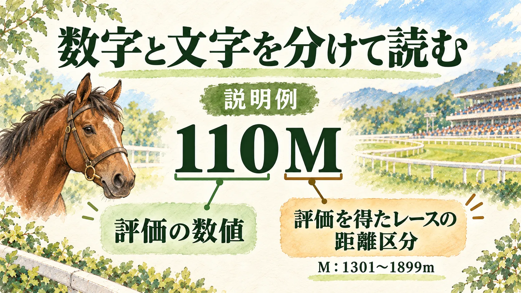 説明例110Mの110を評価の数値、Mを評価を獲得したレースの距離区分として読み分ける図