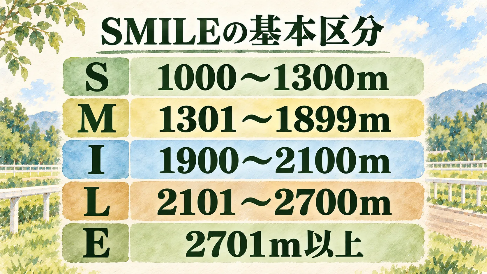 SMILE基本区分のS1000〜1300m、M1301〜1899m、I1900〜2100m、L2101〜2700m、E2701m以上の一覧図