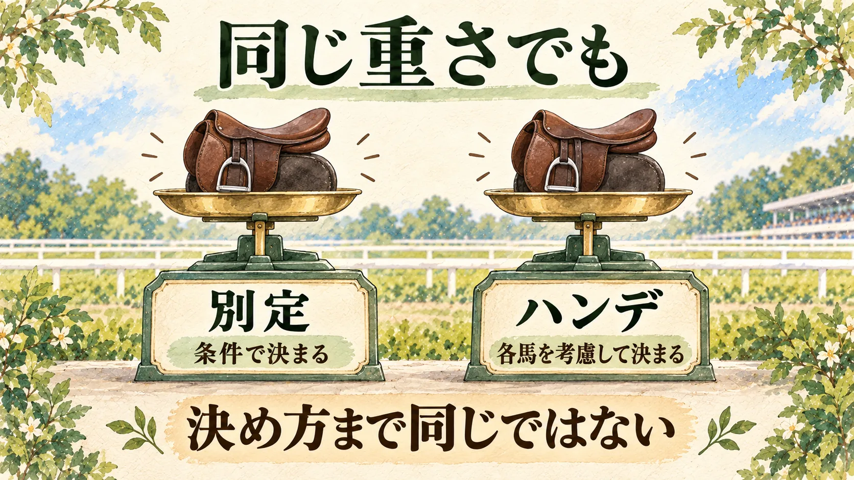 同じ重さでも条件で決まる別定と各馬を考慮するハンデを分けた図