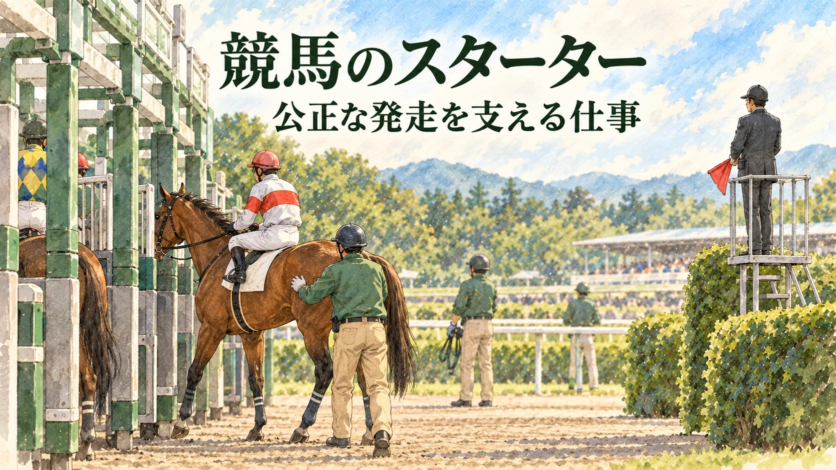 赤旗を持つ発走委員と、馬をゲートへ導く整馬係を描いた水彩イラスト