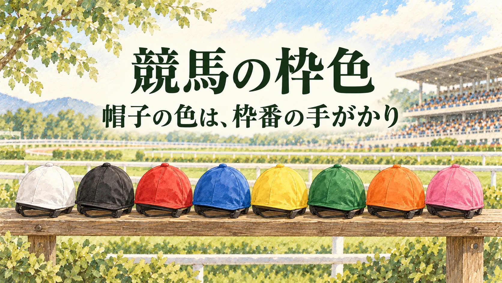 8色の騎手の帽子と競馬場を温かい水彩で描いた競馬の枠色の記事アイキャッチ