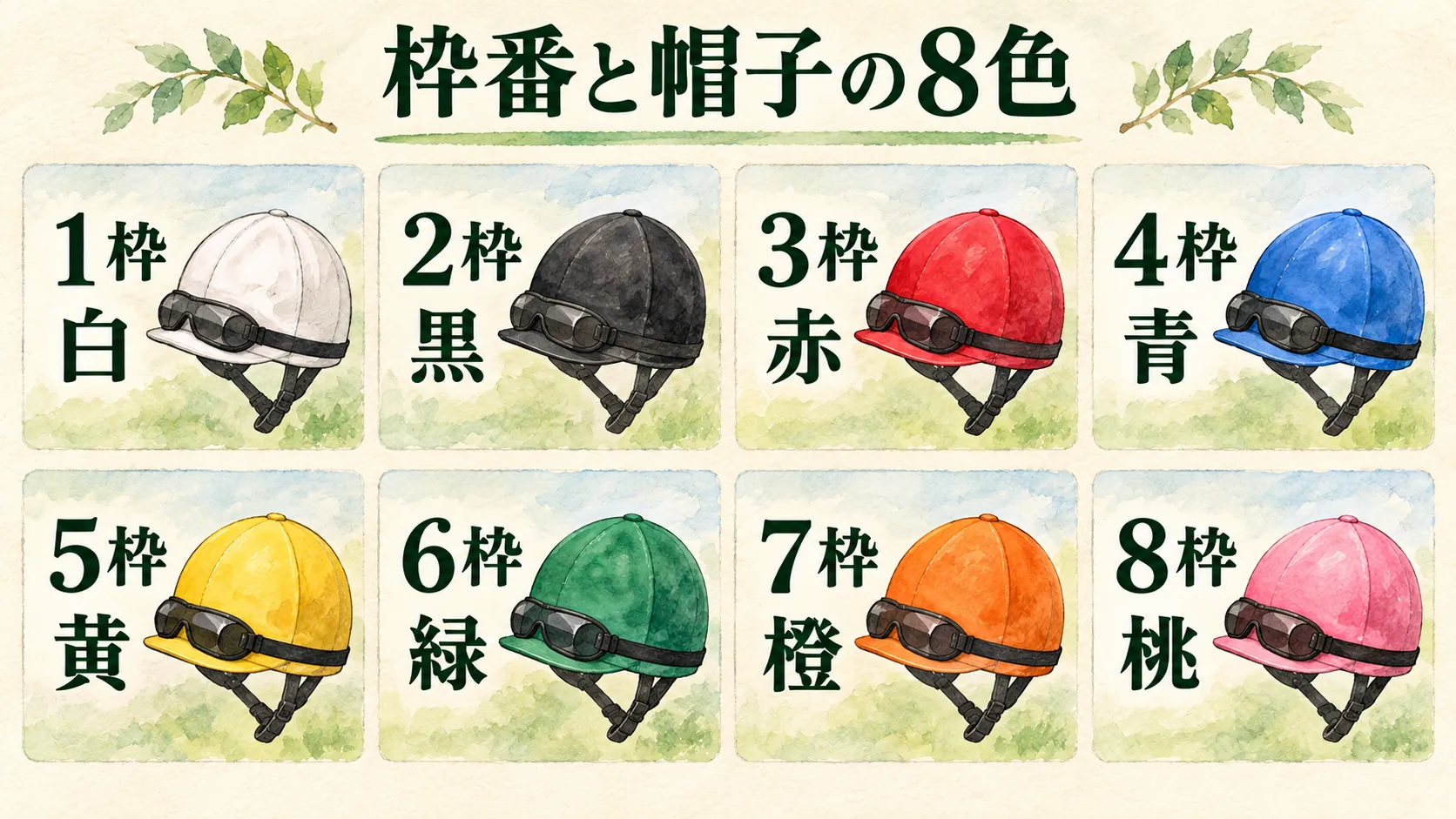 1枠白、2枠黒、3枠赤、4枠青、5枠黄、6枠緑、7枠橙、8枠桃の帽子を並べた水彩一覧
