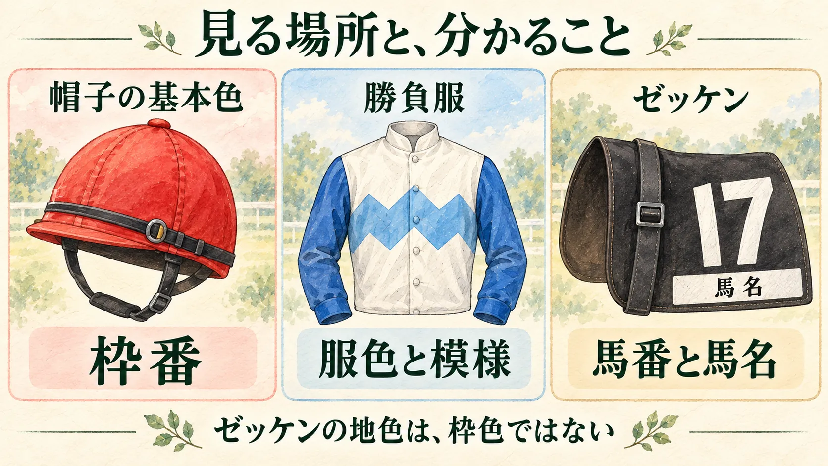 帽子の基本色は枠番、勝負服は服色と模様、ゼッケンは馬番と馬名と示す水彩図解