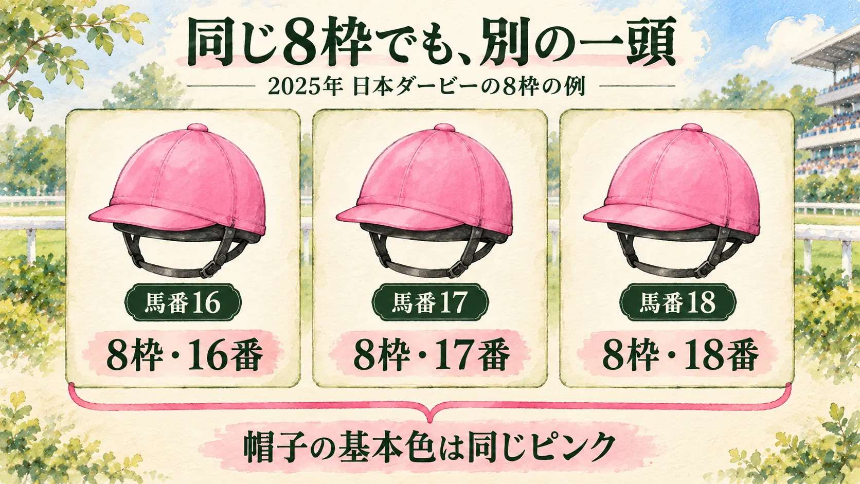 2025年日本ダービーの8枠16番・17番・18番を別々の番号で示し、基本帽色が同じピンクであることを描いた水彩図解