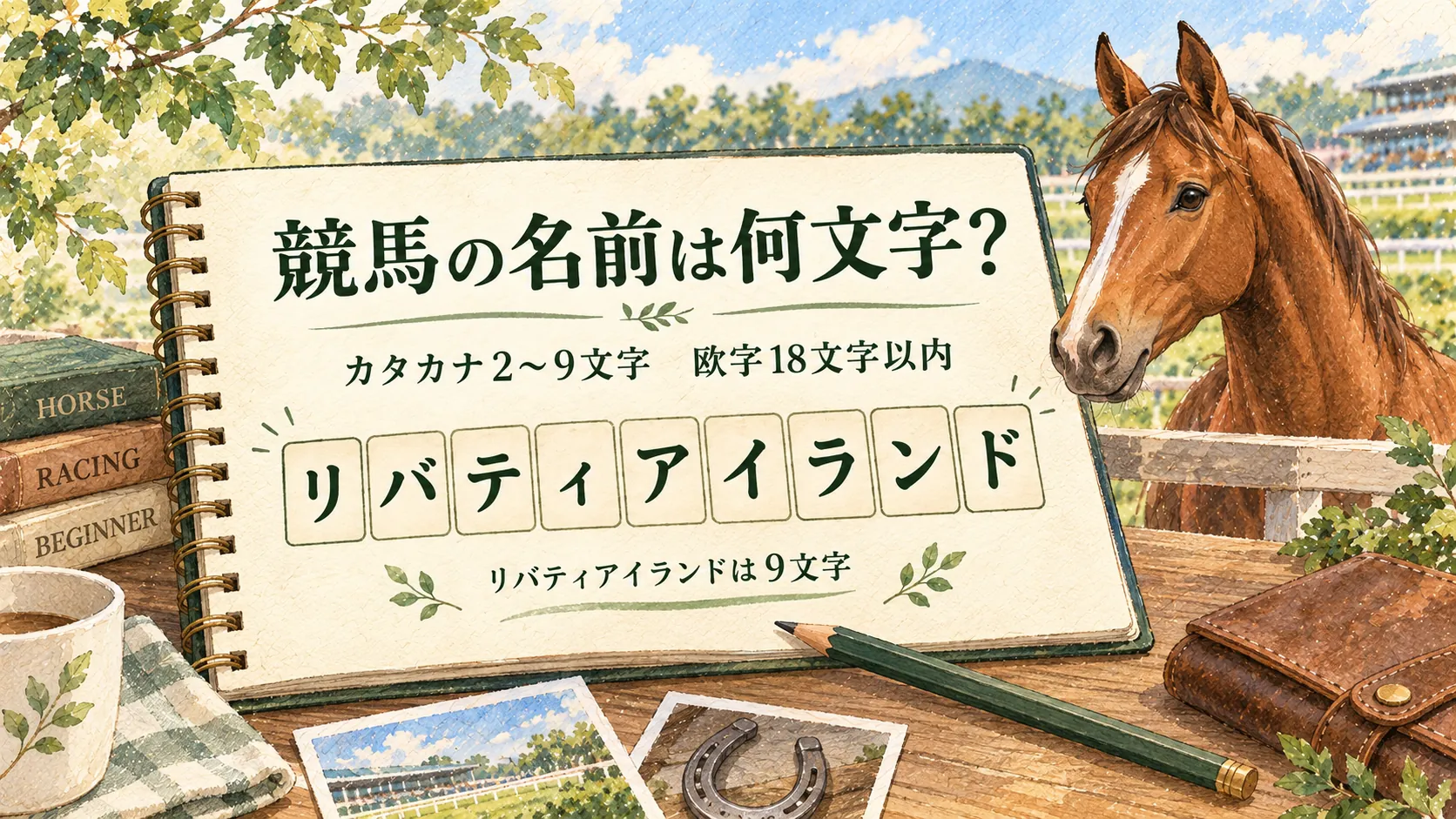 水彩のノートに、馬名のカタカナ2〜9文字・欧字18文字以内とリバティアイランドの9文字を示した図解
