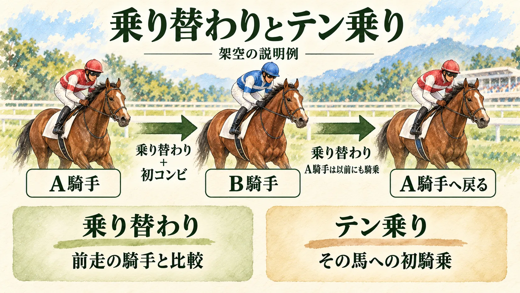 同じ架空の馬にA騎手、B騎手、A騎手と乗る例で、前走との交代と初めての組み合わせを分けた図