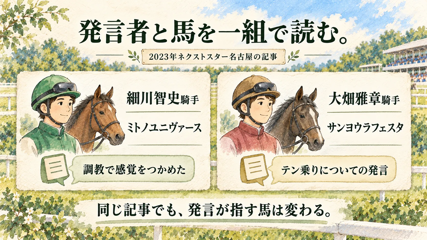 細川騎手のミトノユニヴァースの調教コメントと大畑雅章騎手のサンヨウラフェスタのテン乗り発言を別枠にした図