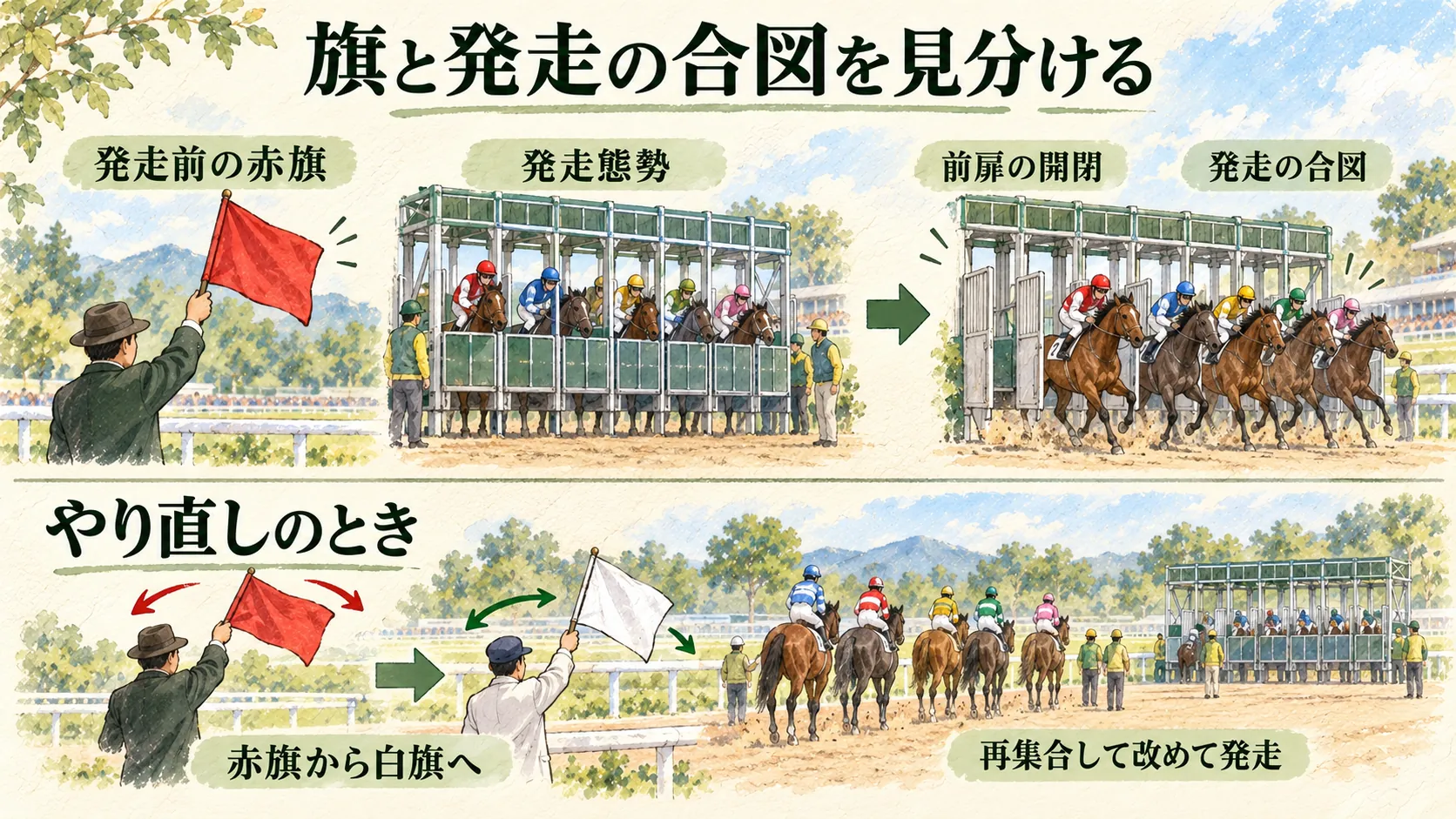 発走前の赤旗、前扉の開閉、やり直しを伝える赤旗と白旗を場面別に示した図