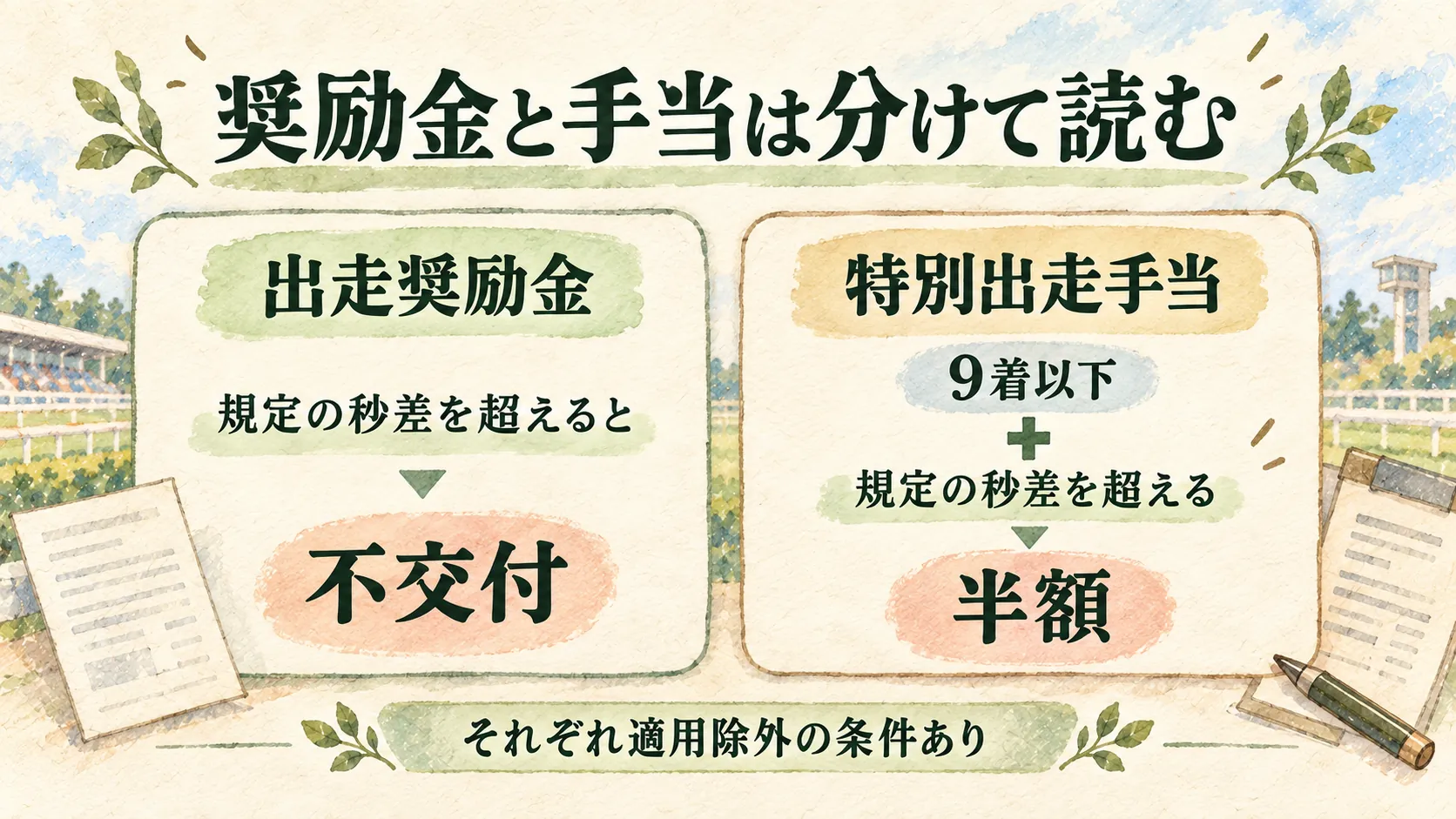 出走奨励金の不交付と特別出走手当の半額条件を二つのカードで分けた図