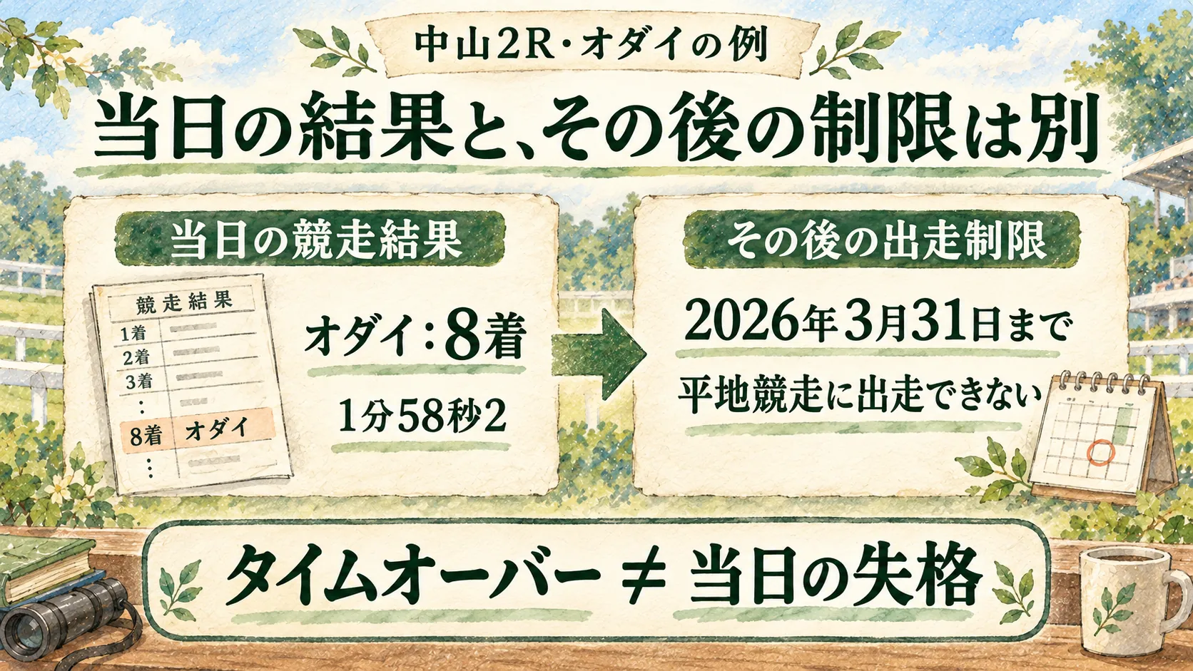 オダイの当日の8着という結果と、その後の平地競走出走制限を別の時間軸で示す図