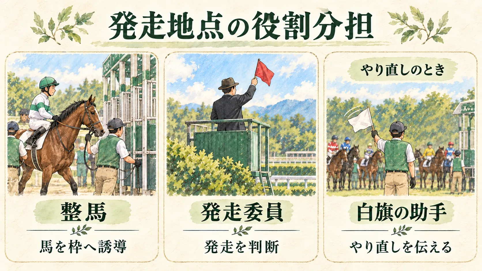 発走を判断する発走委員、馬を枠へ導く整馬、やり直しを伝える白旗の助手を比較した図