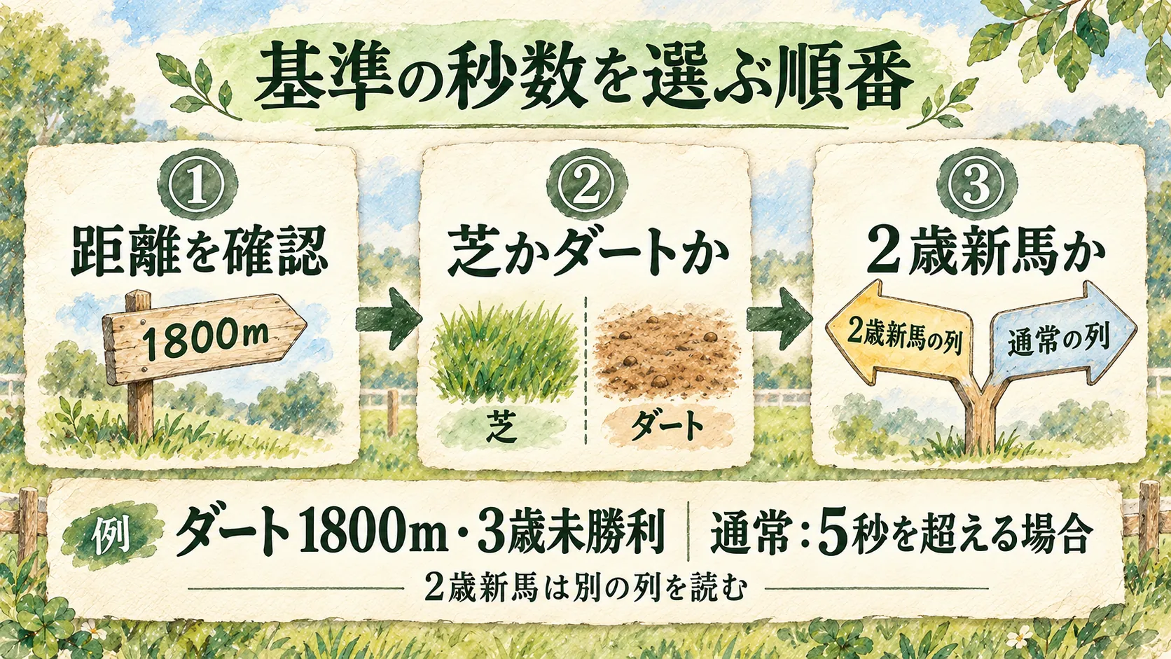 距離、芝かダートか、2歳新馬かを順に確かめる水彩図