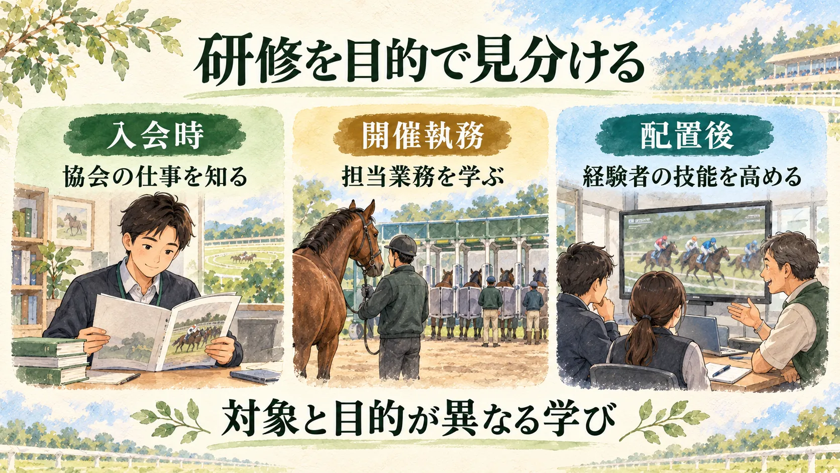 NARの入会時研修、開催執務の業務研修、配置後の学びを目的別に比較した図