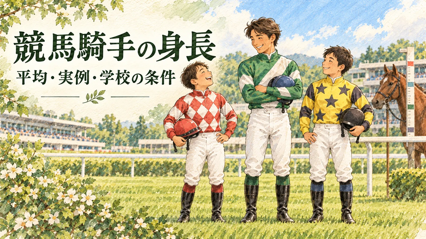 騎手の身長を平均・個人の実例・学校条件の三つから読む水彩イラスト