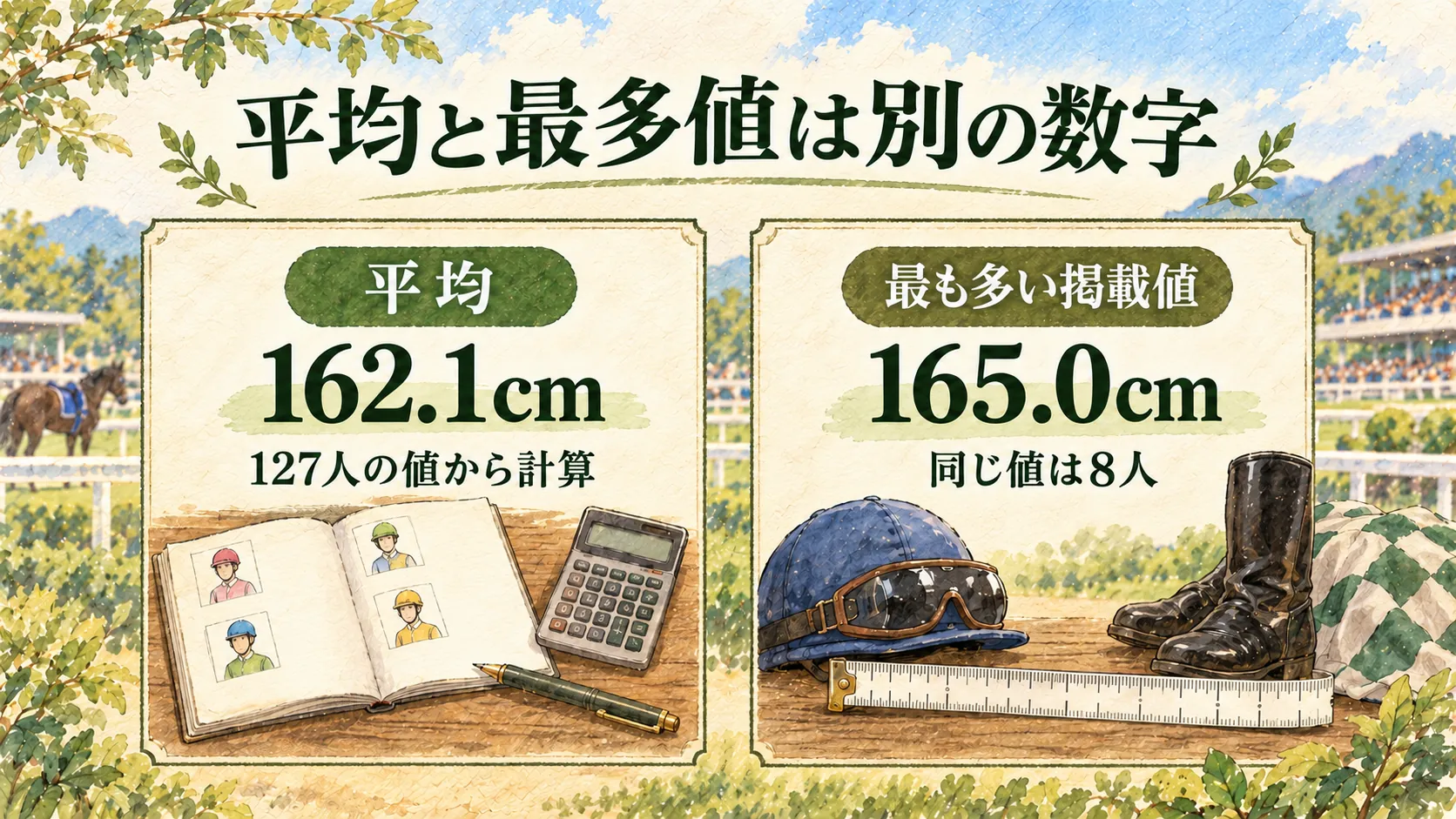 平均162.1cmと最も多い掲載値165cmを分けた水彩図解