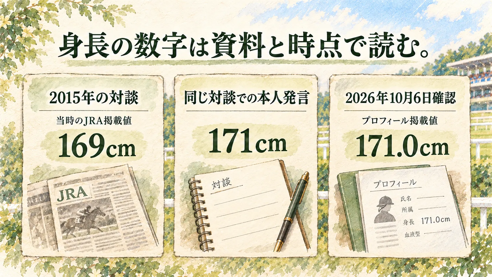 2015年の掲載値と本人発言、10月6日のプロフィール掲載値を読み分ける図解