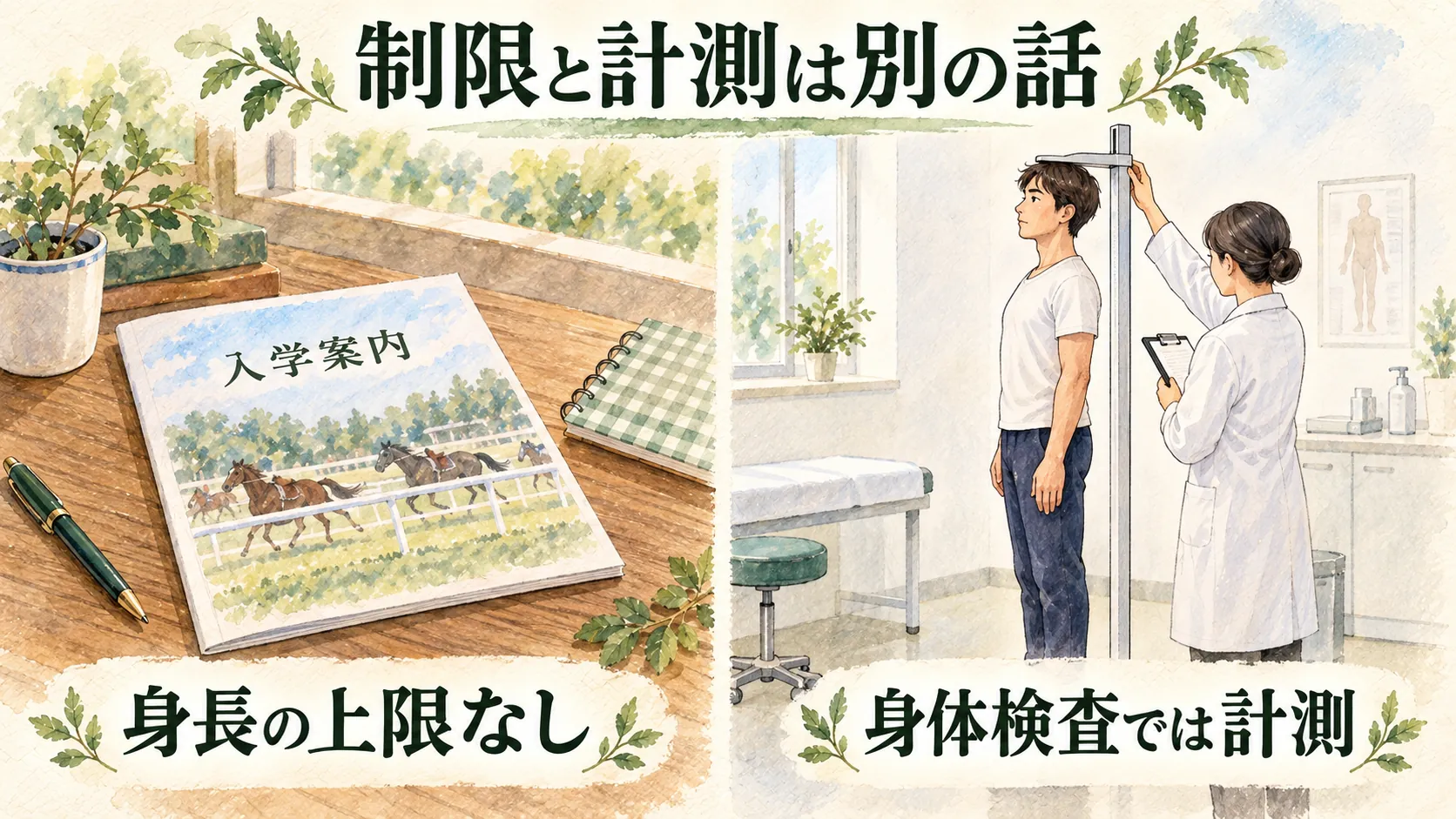 身長の上限と身体検査での計測を分けた水彩イラスト
