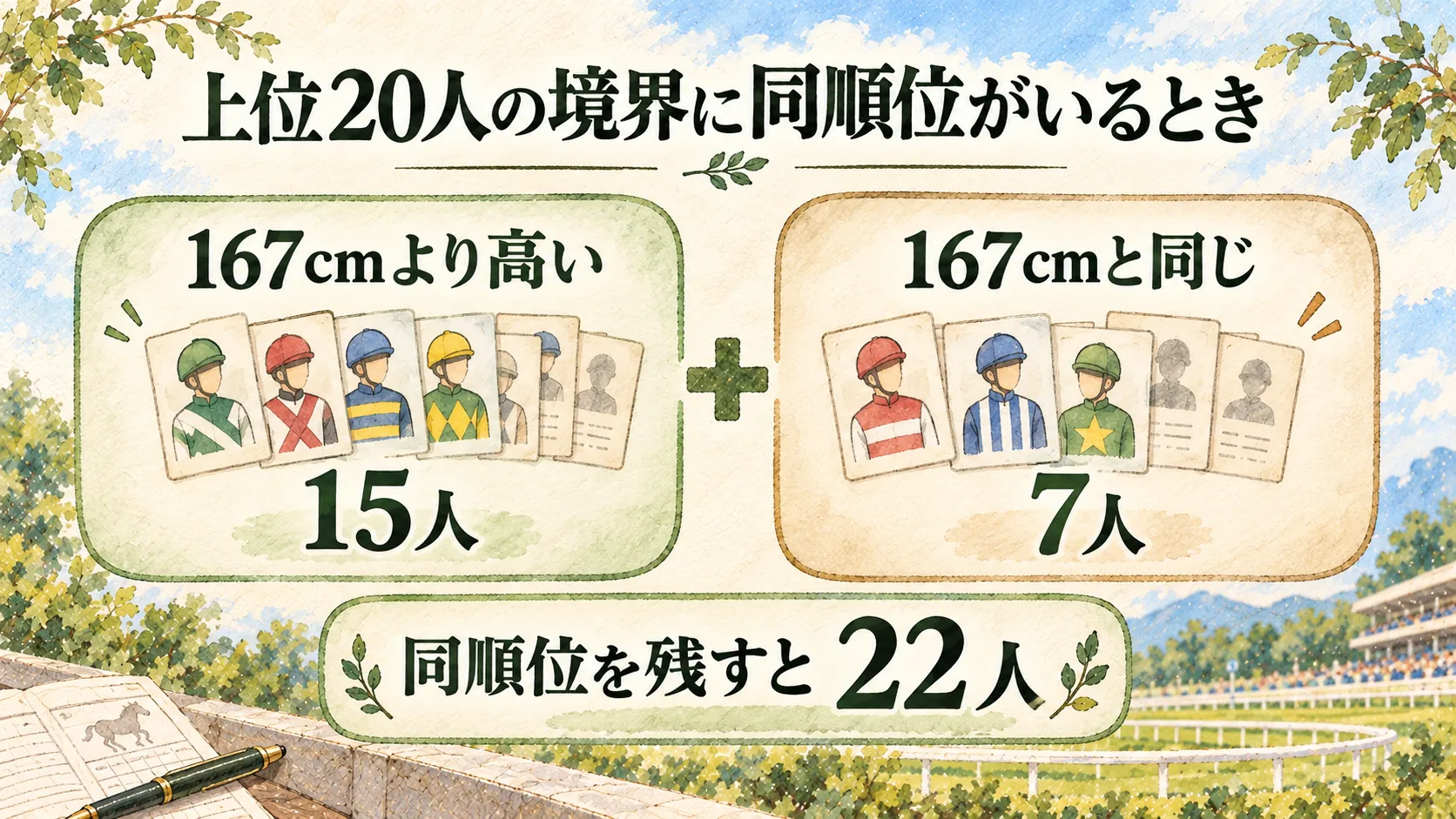 167cmより高い15人と167cmの同順位7人で22人になる図解