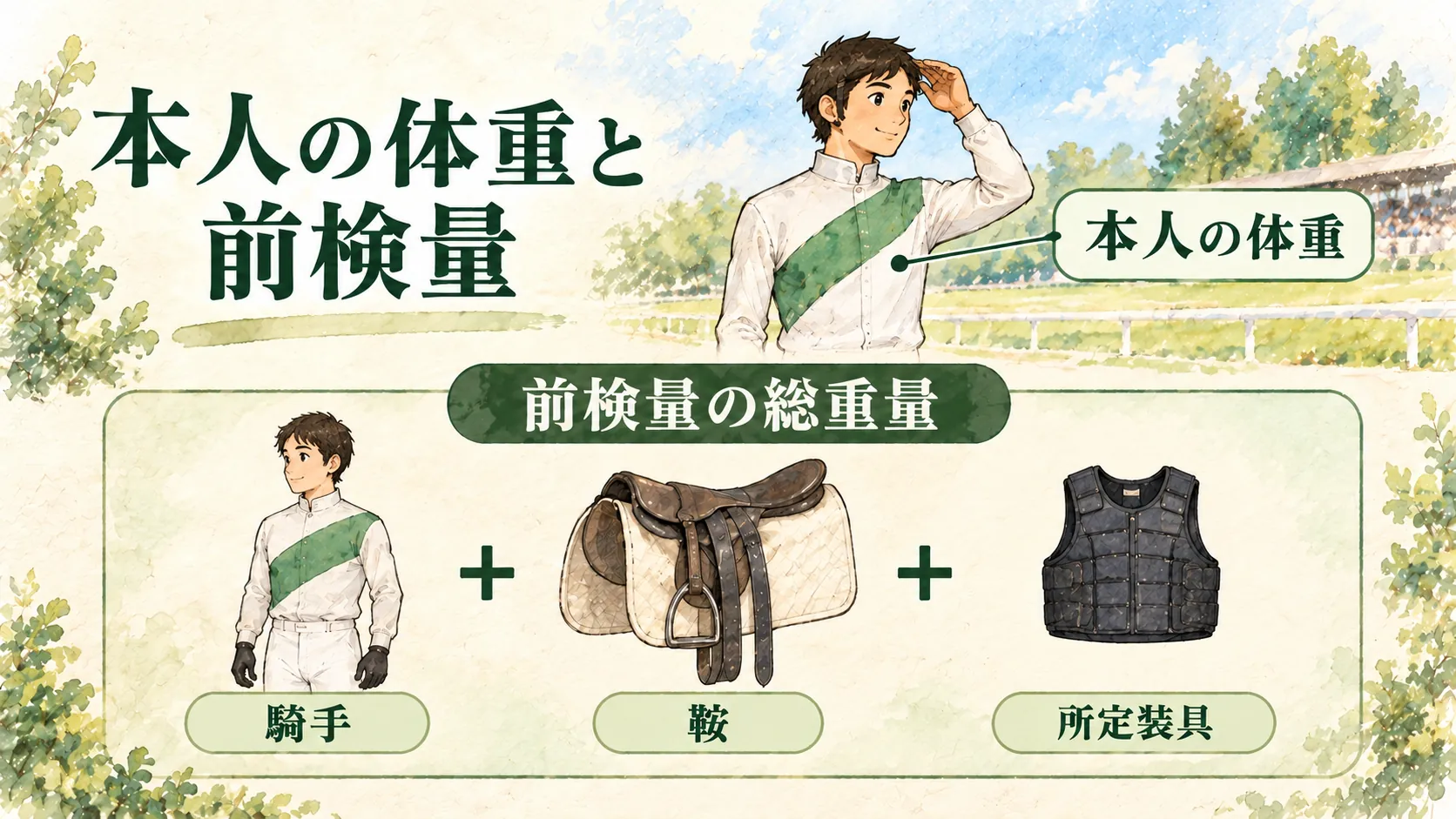 騎手本人と鞍・所定装具を含む前検量の総重量を区別する図