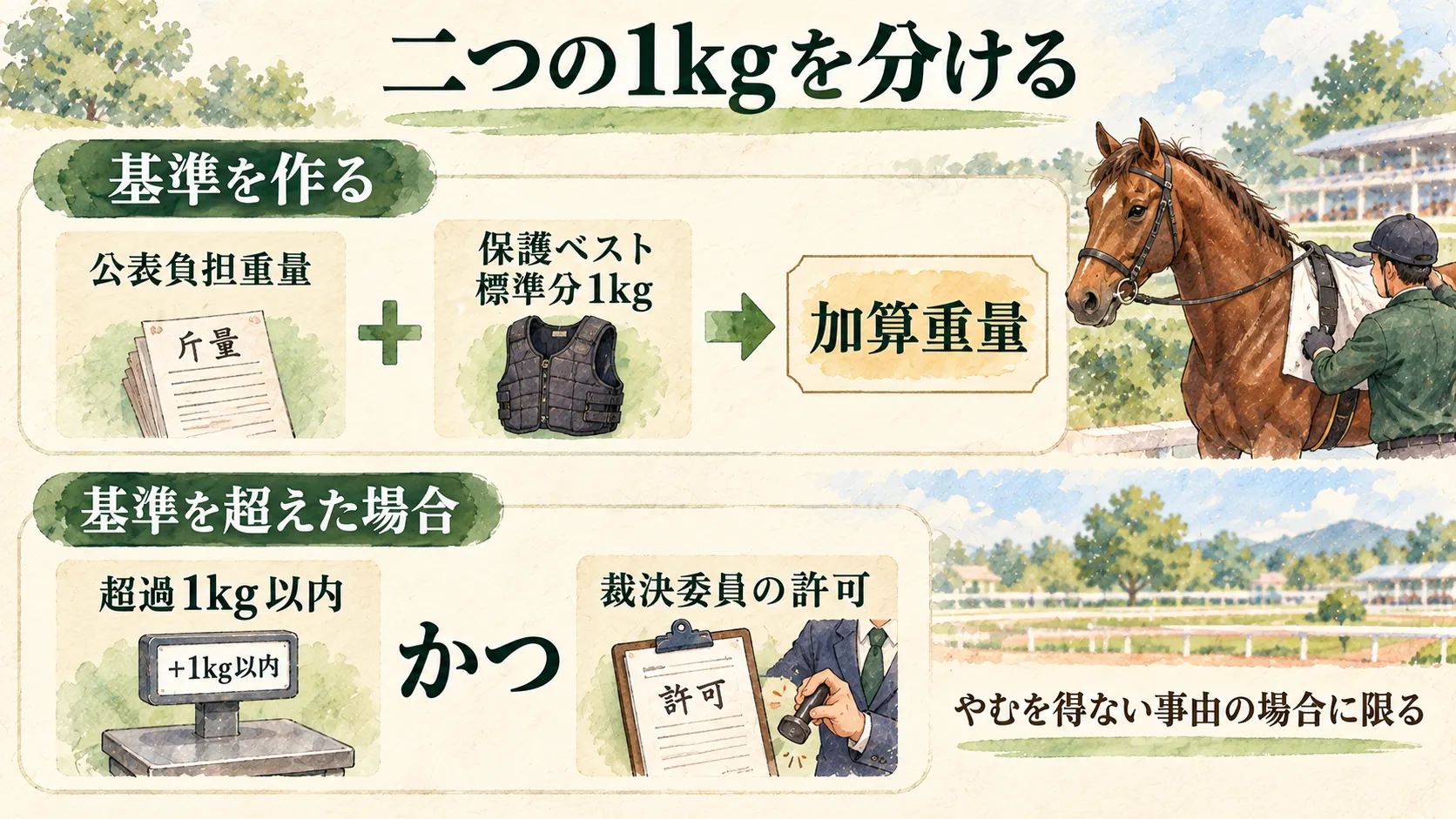 保護ベスト標準分1kgの加算と、加算重量超過1kg以内および裁決委員の許可を分ける図
