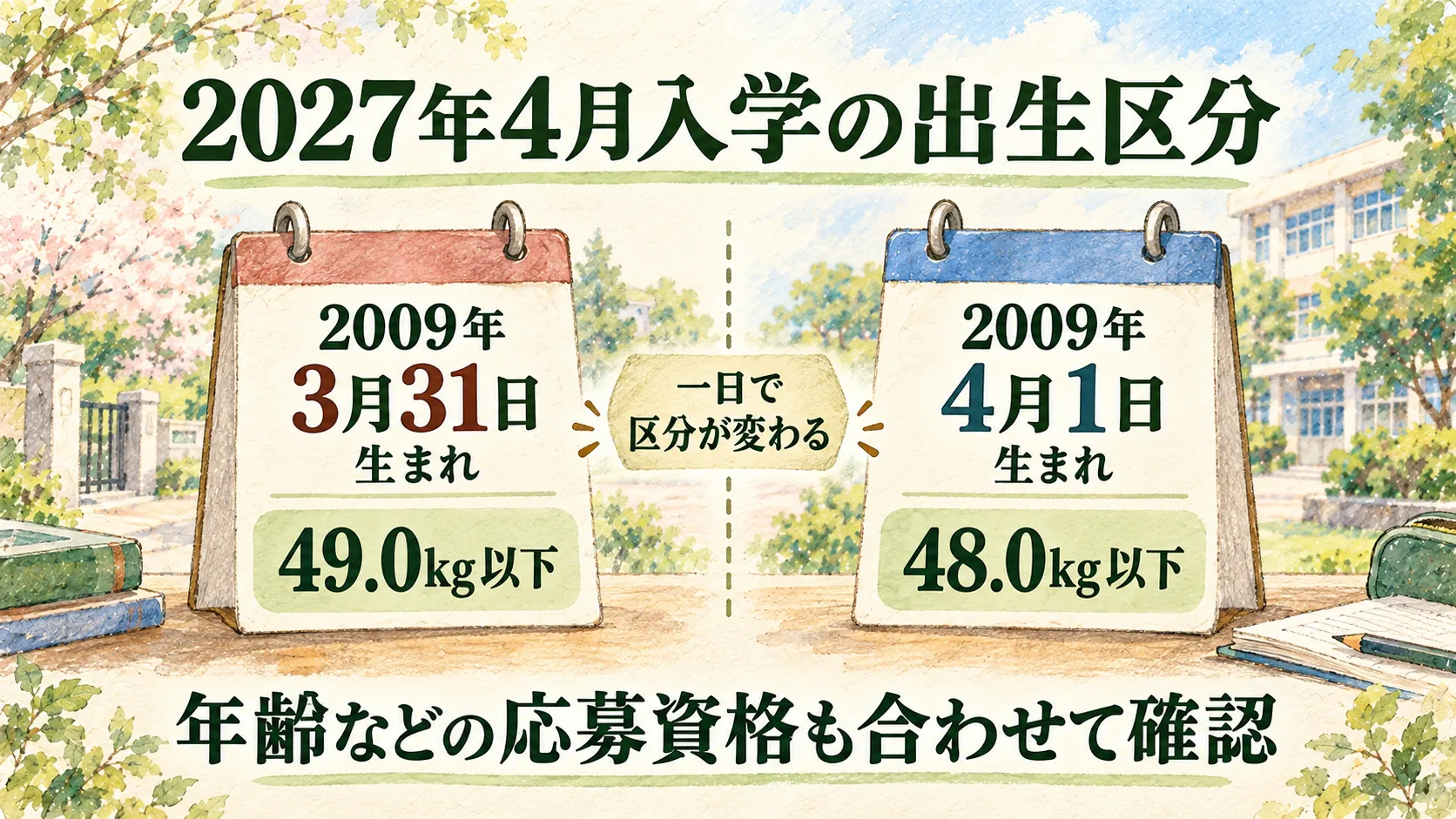 2027年4月入学の2009年3月31日生まれは49.0kg以下、4月1日生まれは48.0kg以下となる境目の図
