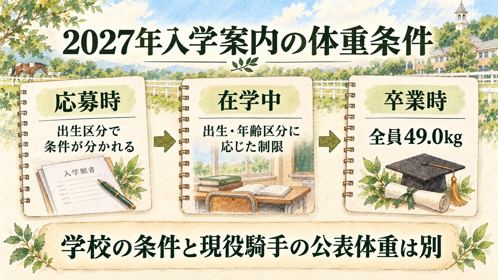 2027年入学案内の応募時、在学中、卒業時の体重条件を分ける図