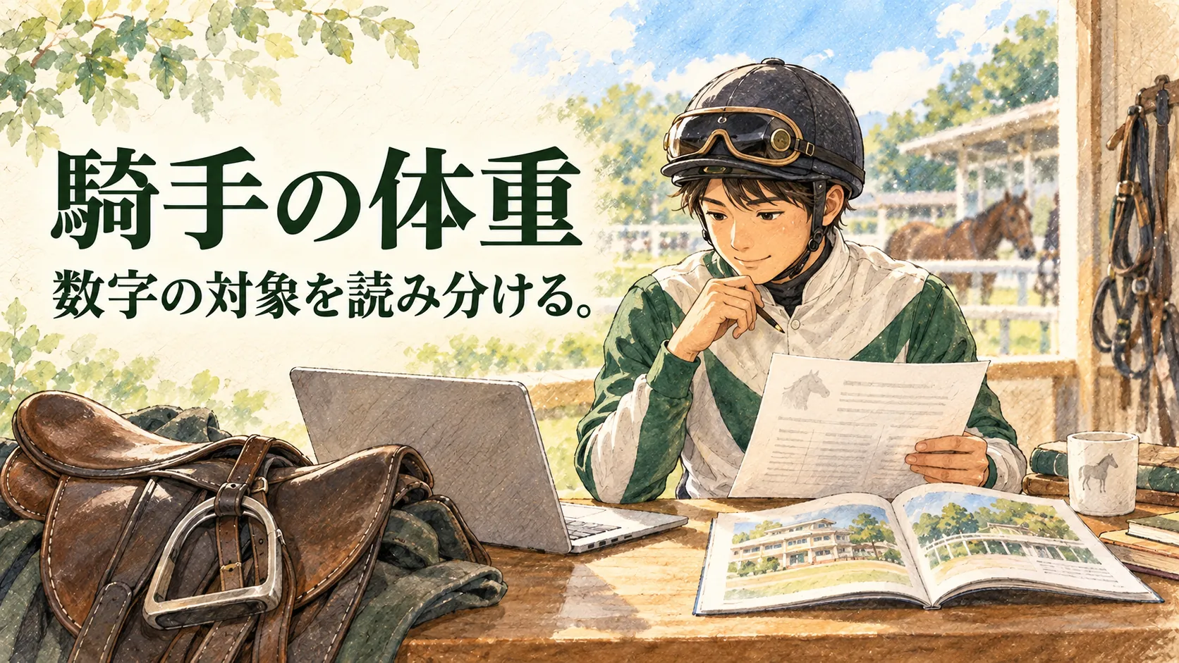 騎手の体重を公表プロフィール、斤量、学校条件に分けて読む水彩イラスト