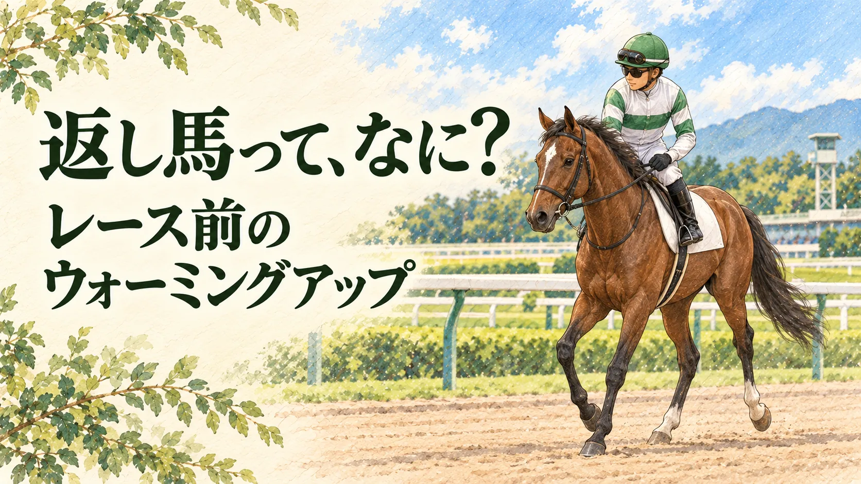 返し馬とは何かを、コース上で準備する馬と騎手の水彩画で伝えるアイキャッチ
