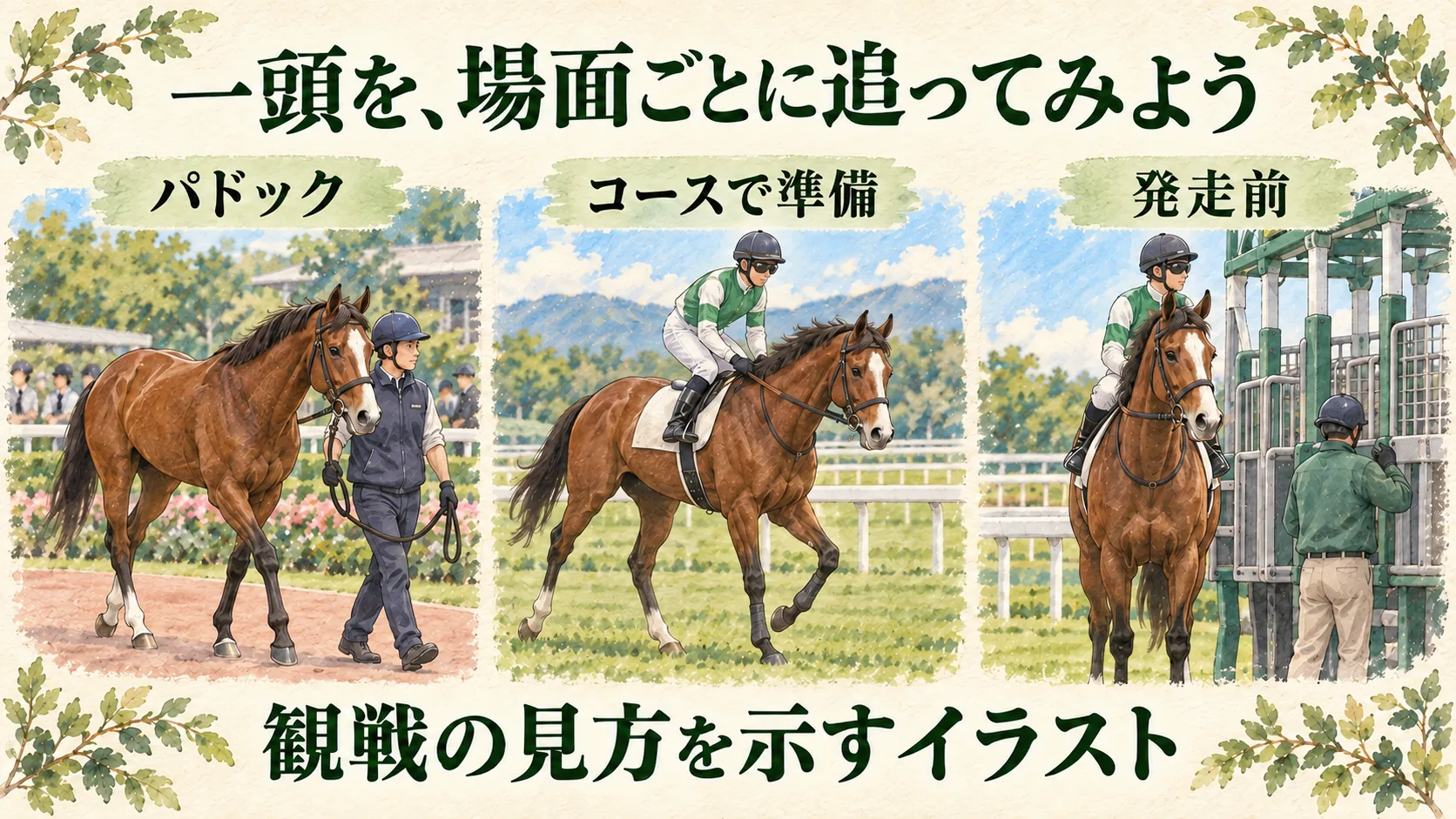 同じ一頭の馬を、パドック、コースでの準備、発走前の場面で追う観戦の説明用イラスト