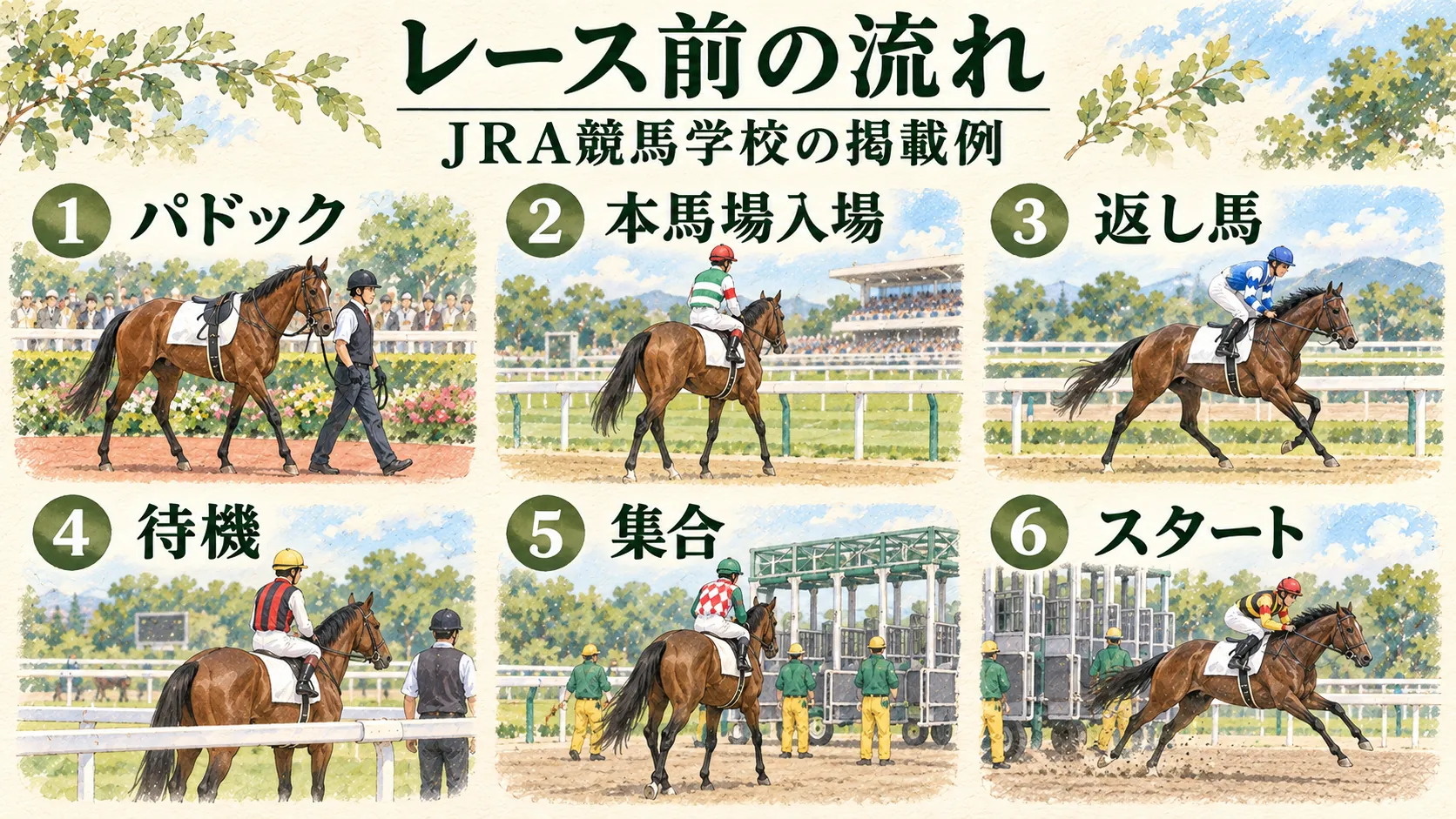 JRA競馬学校の掲載例をもとに、パドック、入場、返し馬、待機、集合、スタートの順を示す図