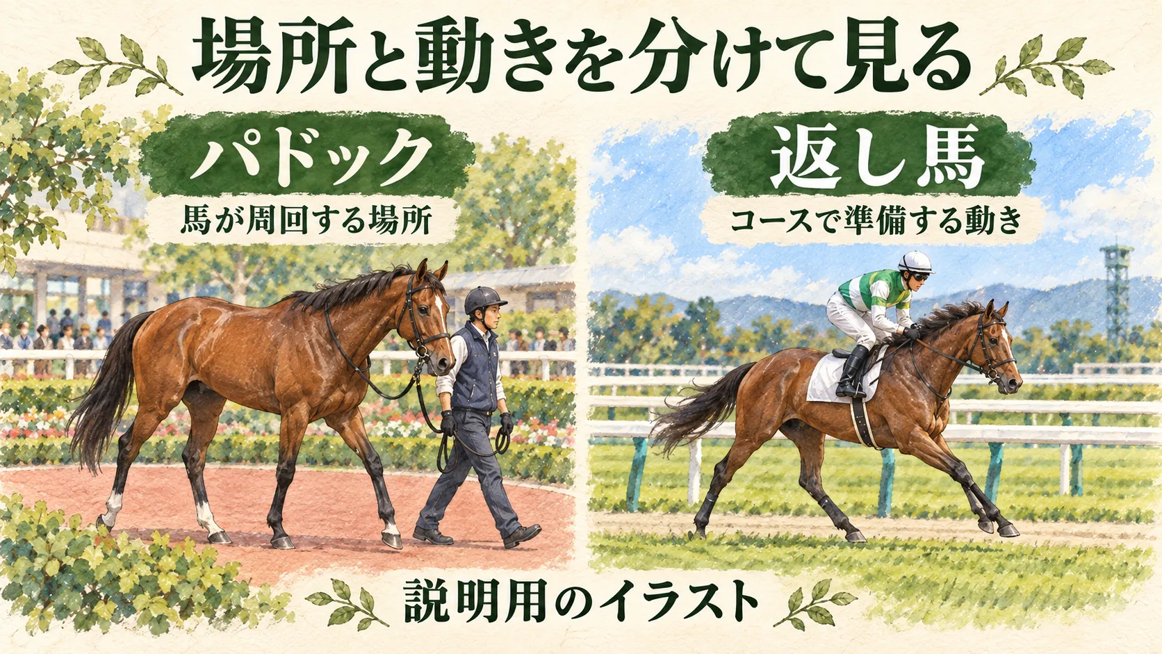 パドックでスタッフにひかれる馬と、コース上で騎手を乗せて返し馬をする馬の比較図