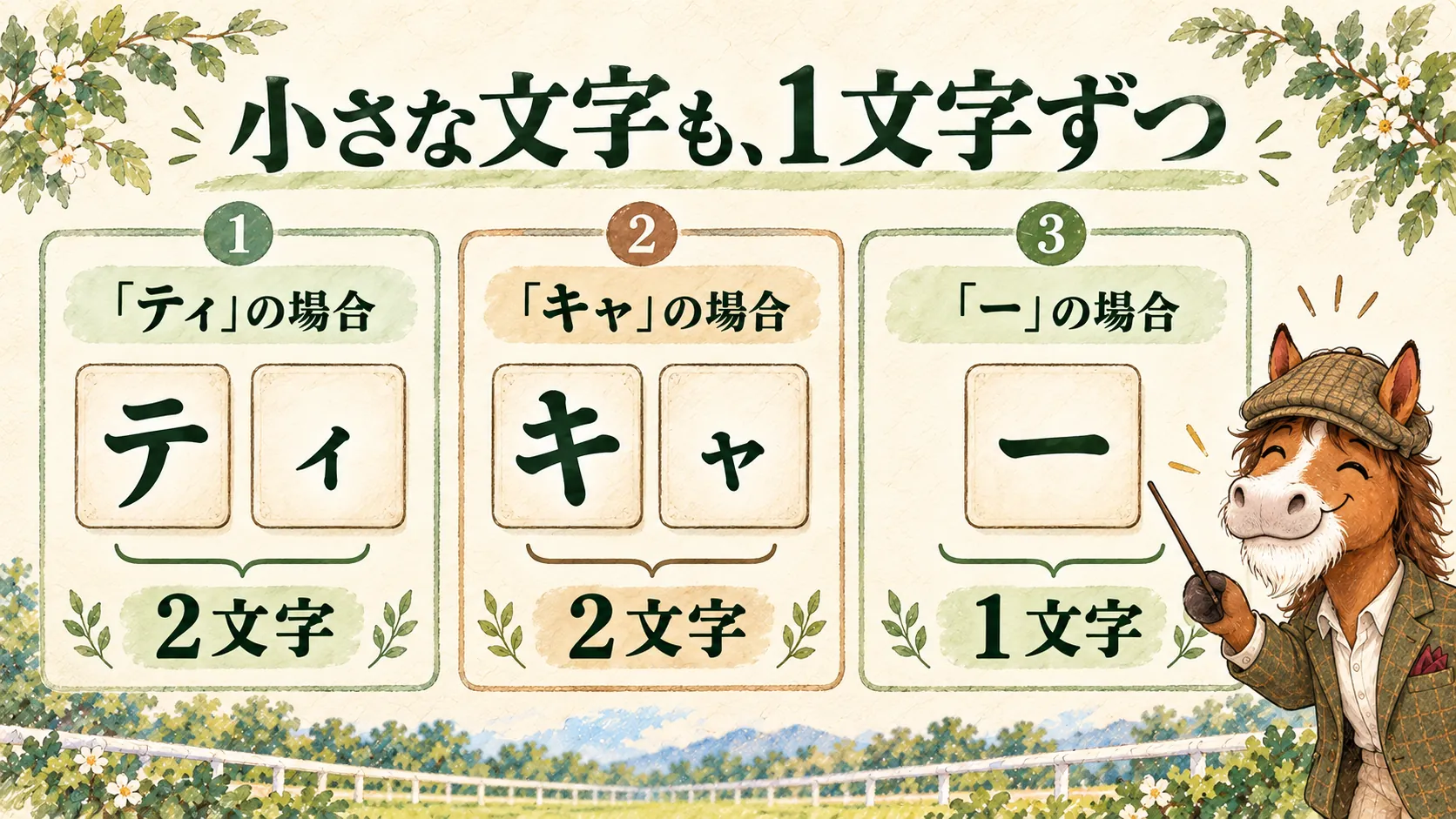 ティはテとィの2文字、キャはキとャの2文字、長音のーも1文字と示す水彩図解