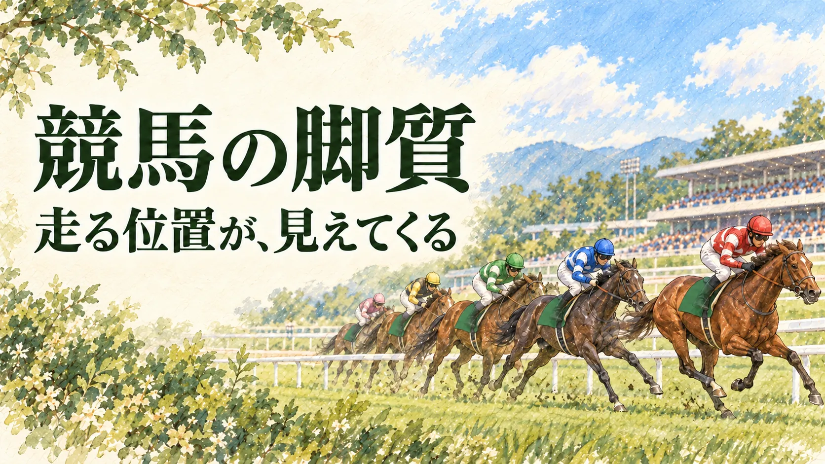 水彩で描いたレース中の馬たちと競馬の脚質という見出し