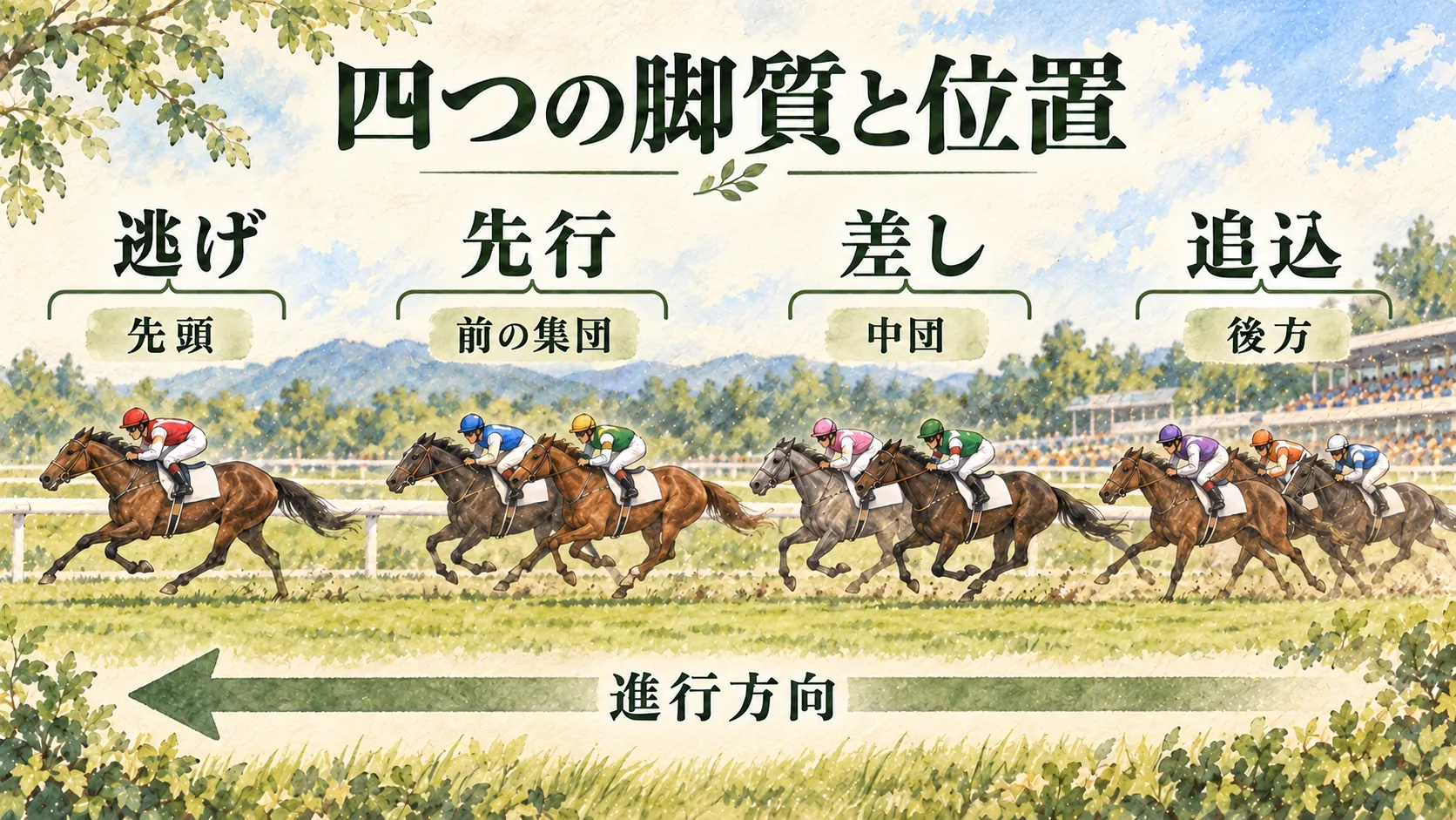 競馬の逃げは先頭、先行は前の集団、差しは中団、追込は後方という位置関係の図
