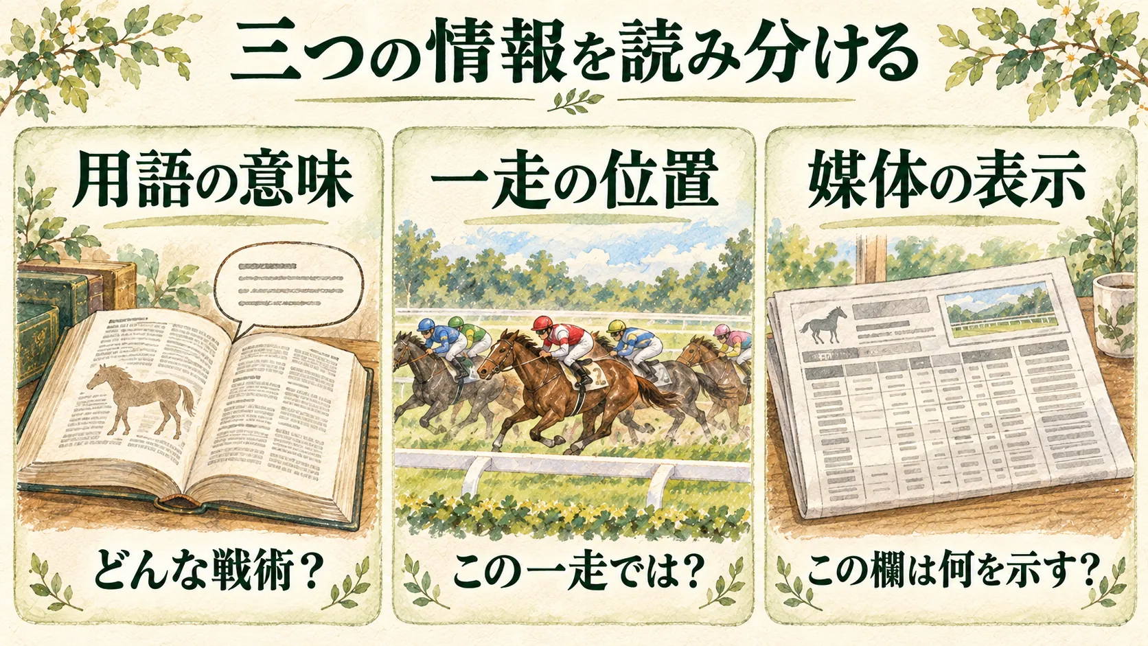 脚質の用語の意味、その一走の位置、掲載媒体の表示という三つの情報を読み分ける図