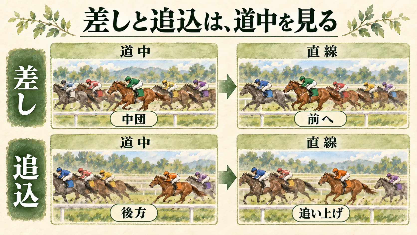 差しは中団、追込は後方から進める違いを道中と直線の前後で比べる図