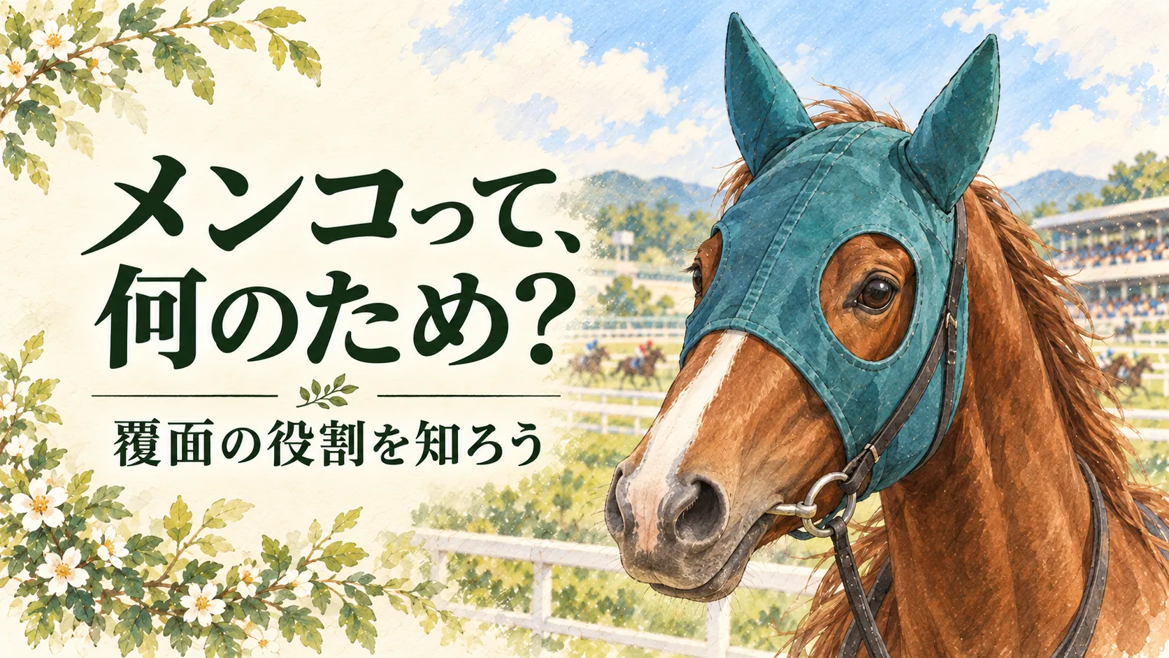 耳覆い付きメンコを着けた競走馬の顔を水彩で描いた記事の代表画像