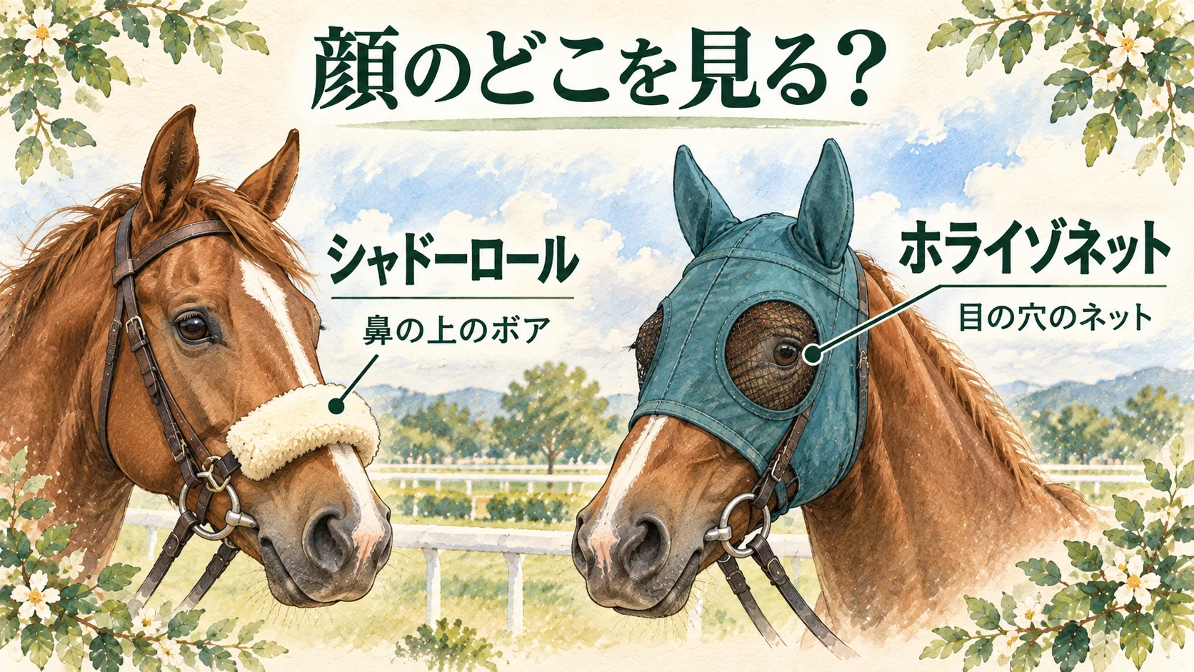 鼻の上のシャドーロールと、目の穴をネットで覆うホライゾネットの位置を示す図