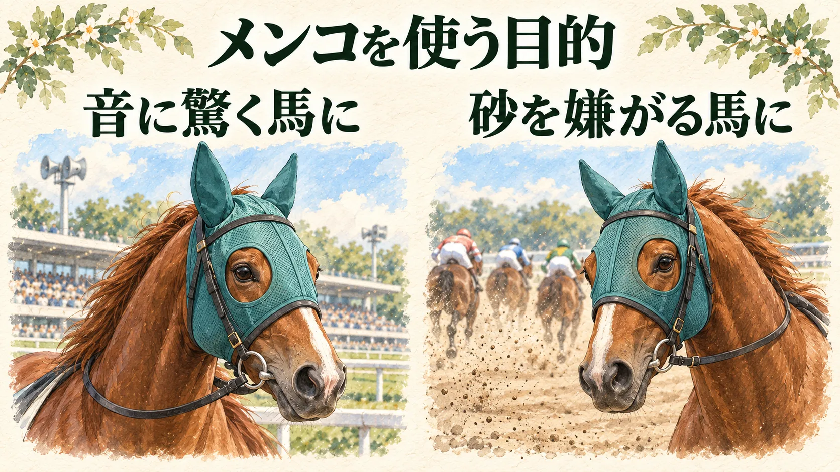 メンコは音に驚く馬や砂をかぶるのを嫌がる馬に使われることを示す図